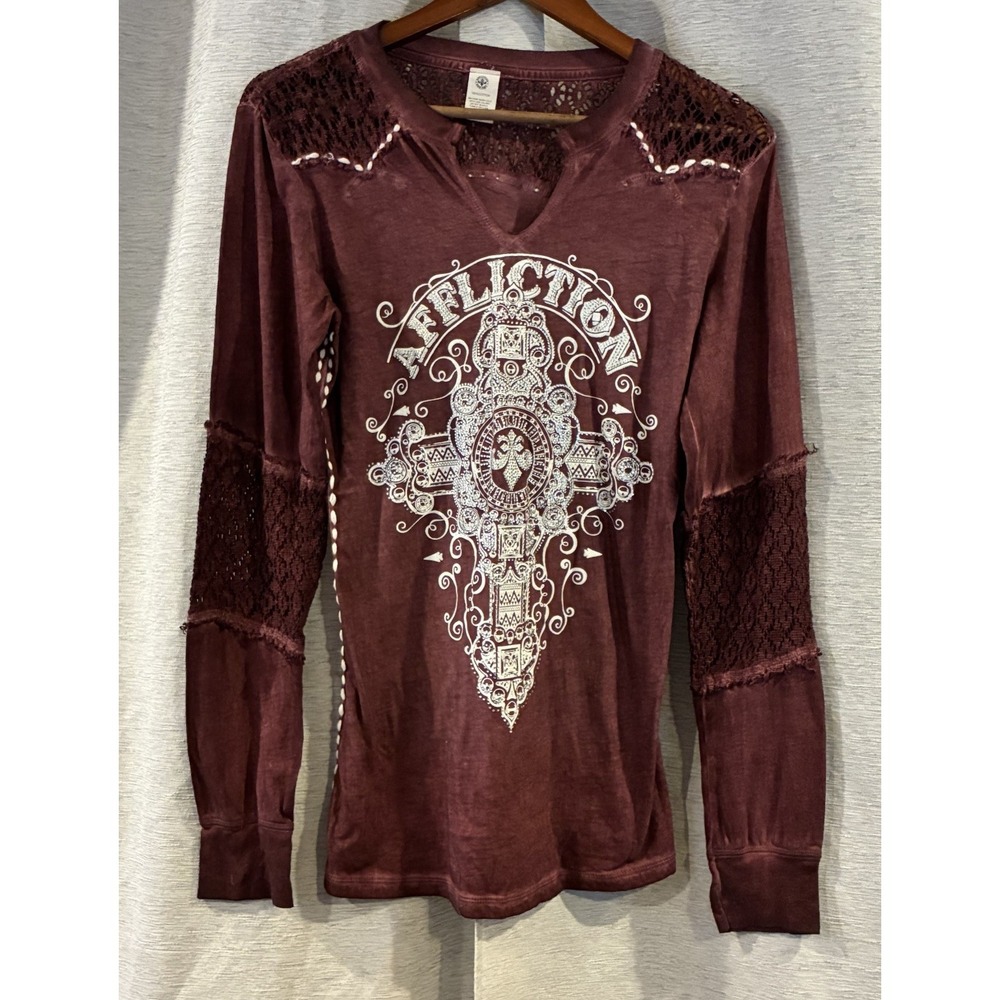 Affliction Live Fast Lace Cross Long Sleeve Shirt Burgundy Small Grunge Biker